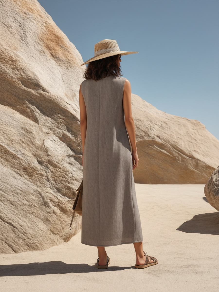 Resort-style Grey Sleeveless Zip-up Maxi Dress