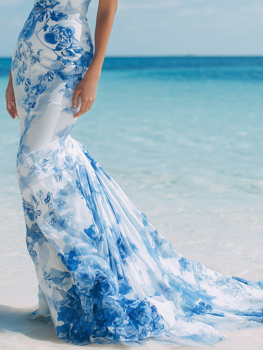 New Chinese Style Blue And White Satin Print Halter Neck Fishtail Maxi Dress
