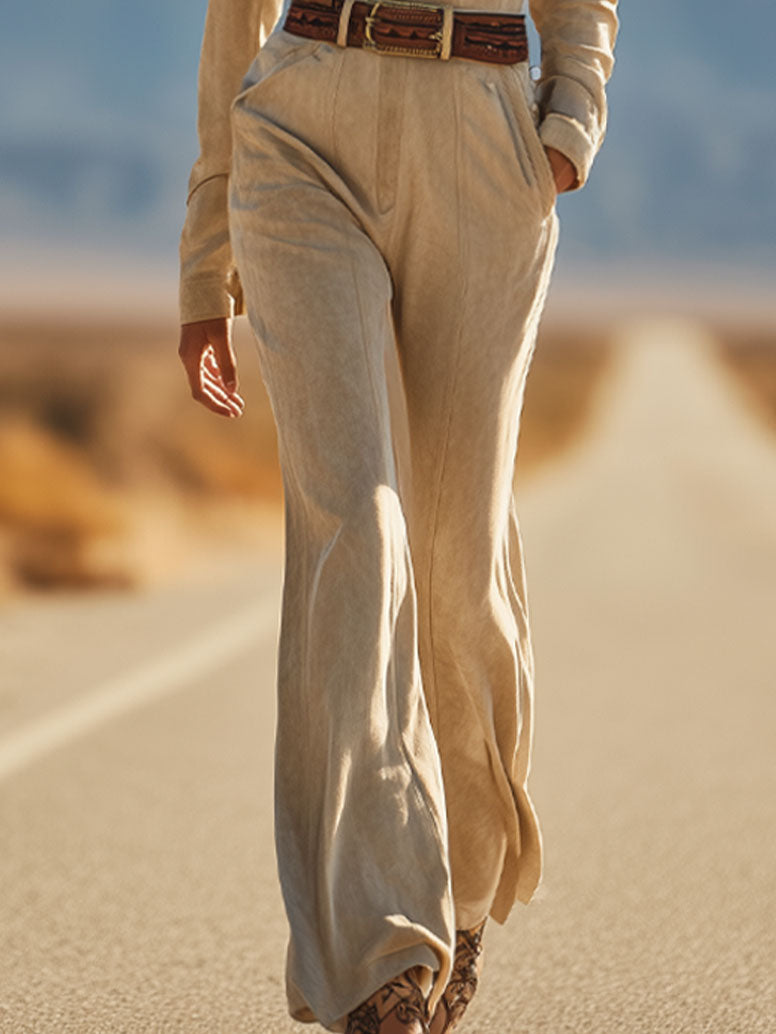Fashionable And Casual Camel-Colored Eco-Friendly Suede Lapel Waisted Long-Sleeved Jumpsuit