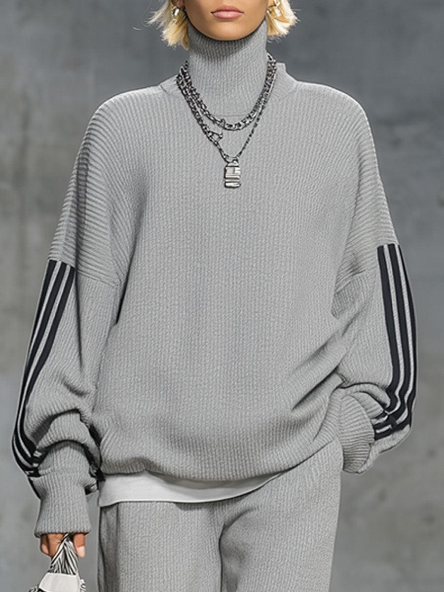 Casual Loose Striped Gray Turtleneck Sweater Wide-Leg Pants Set