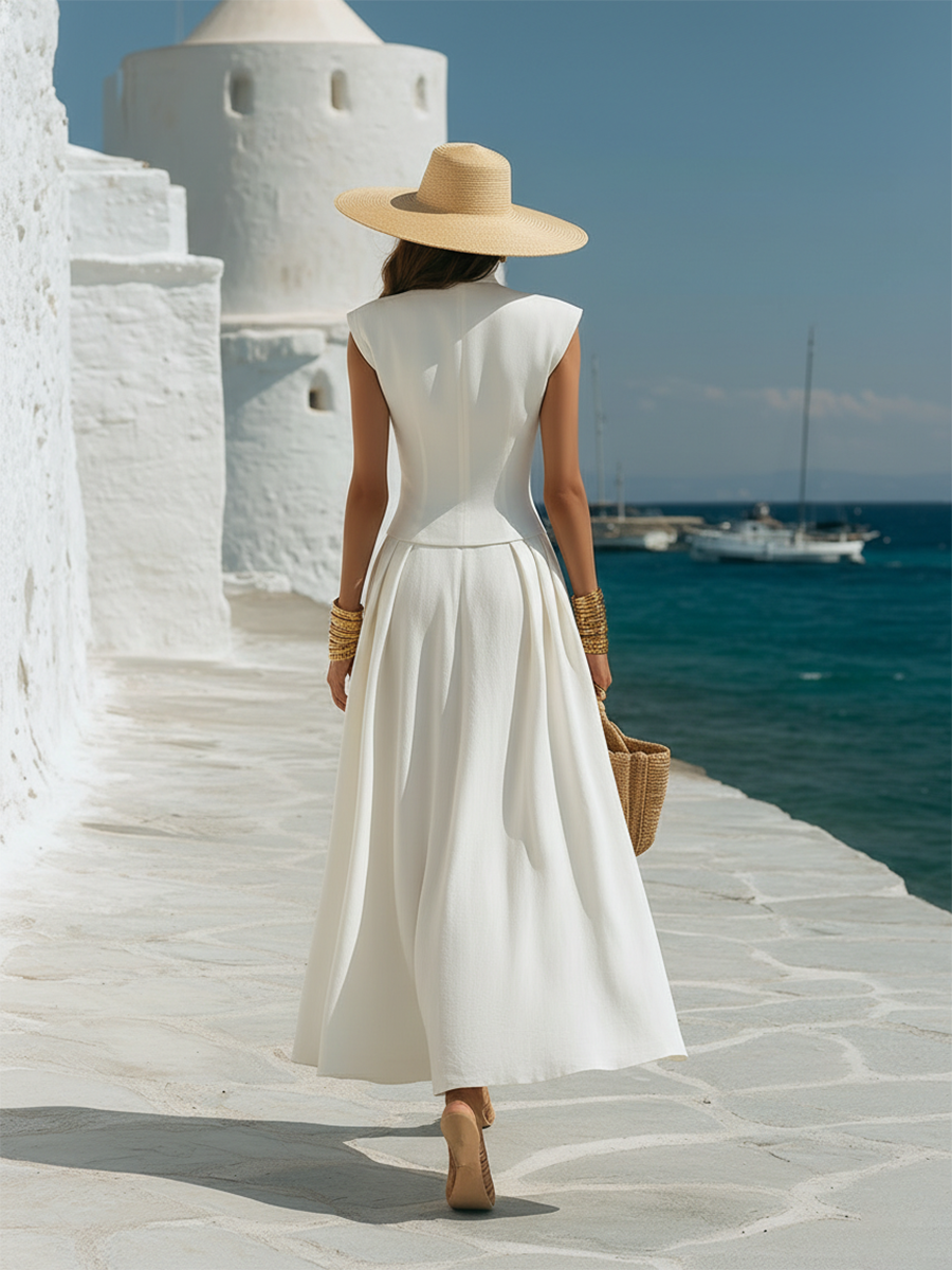Cotton And Linen Resort-style White Stand-collar Top And A-line Skirt Set