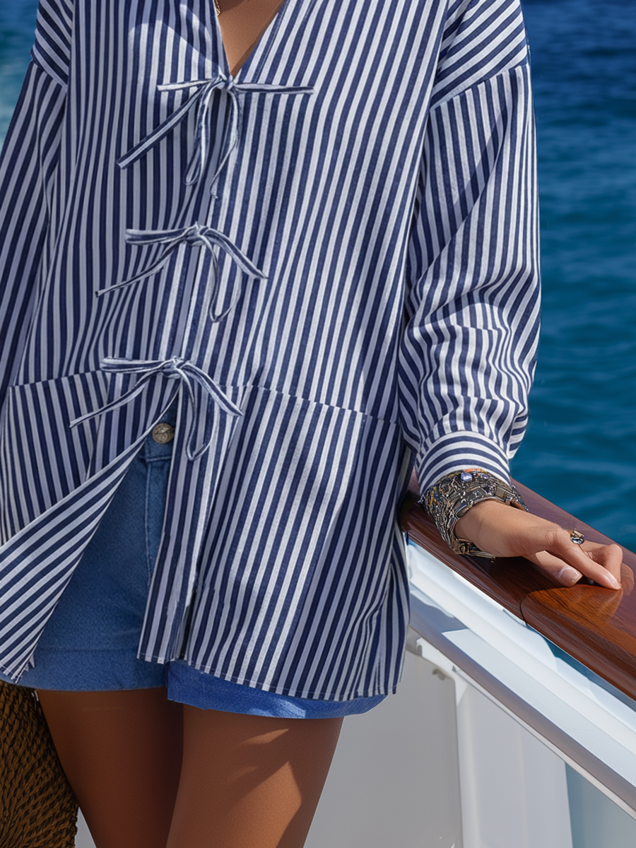 Casual Beach Style Front Tie-up Blue And White Striped Shirt