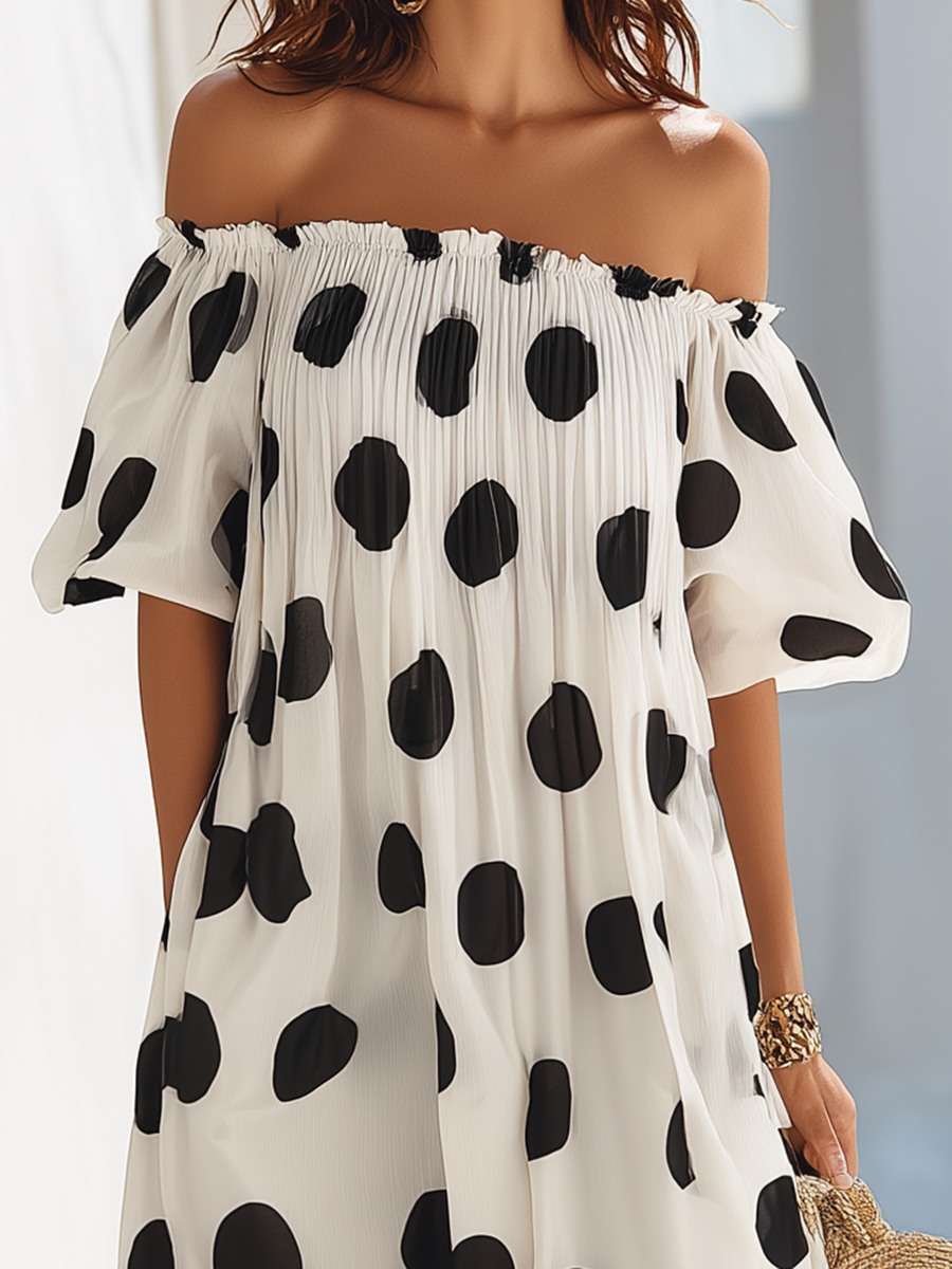 Resort-style Black And White Polka Dot Off-the-shoulder Maxi Dress