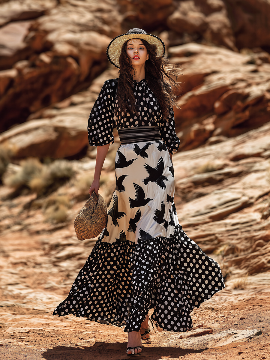 Stylish Vacation-inspired Polka Dot And Seagull Prints Maxi Dress