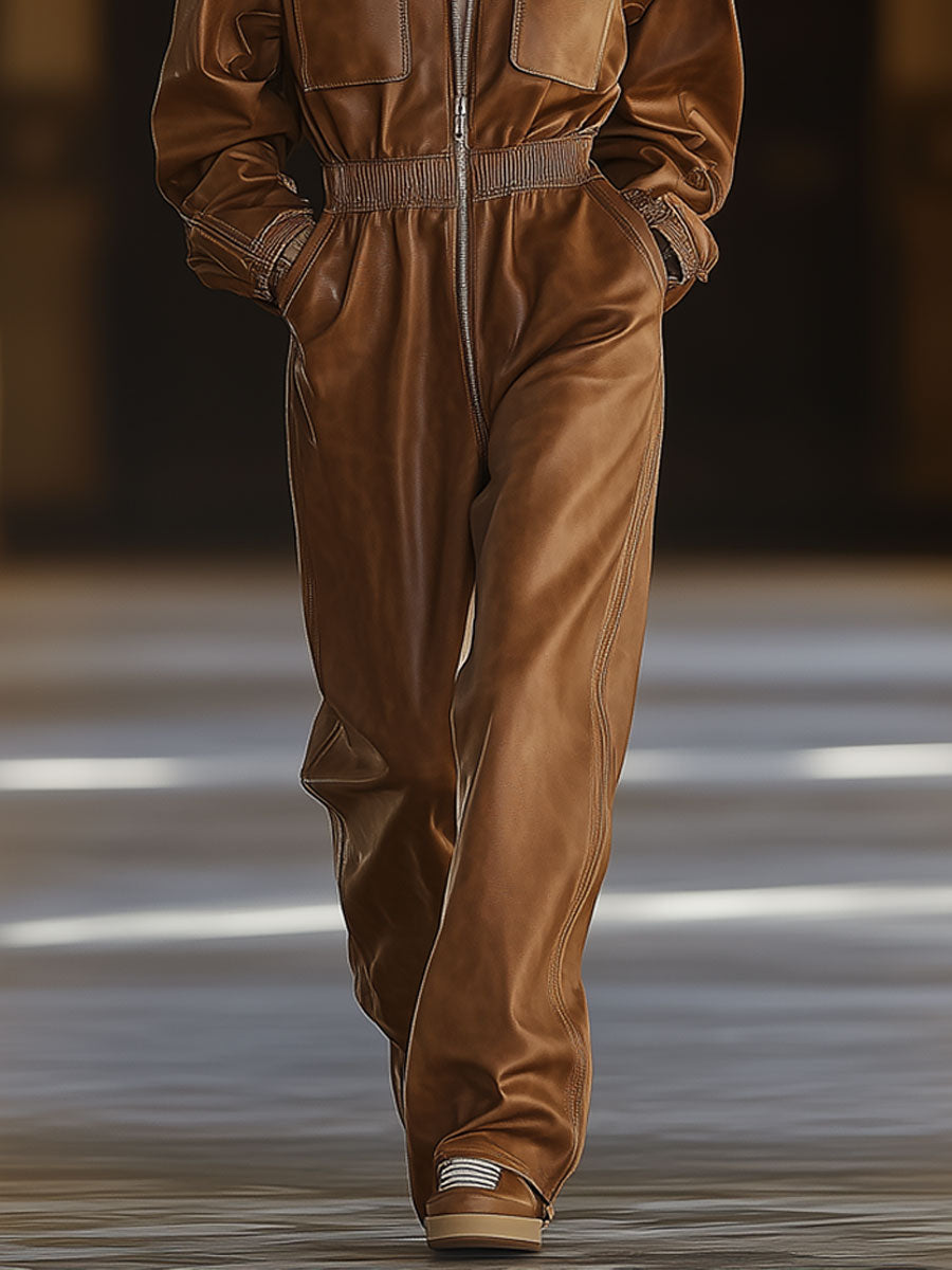Casual Retro Brown Faux Leather Zipper Elastic Waist Long Sleeve Jumpsuit