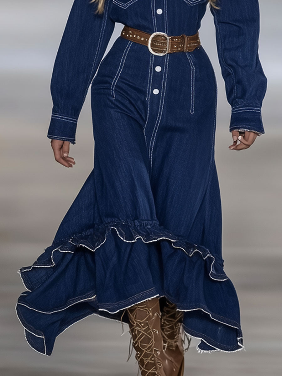 Vintage White Topstitched Dark Blue Denim Ruffled Long-Sleeved Maxi Dress
