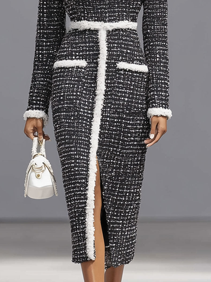 Round Neck Tweed Contrasting Hem Slit Midi Dress