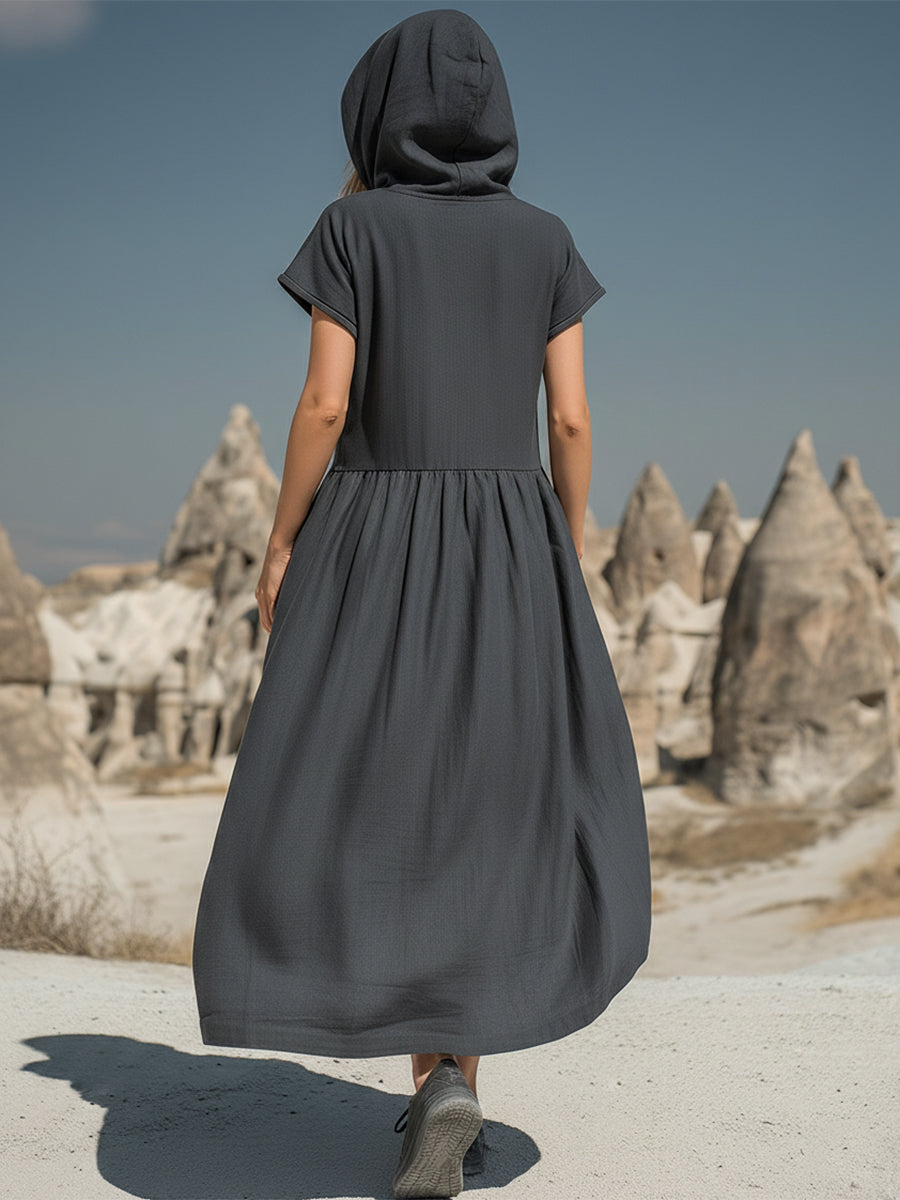 Desert Functional Charcoal Gray Cotton Linen Hooded Half-zip Midi Dress