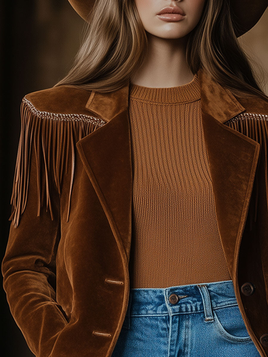 Casual Western Vintage Brown Suede Web Tassel Blazer