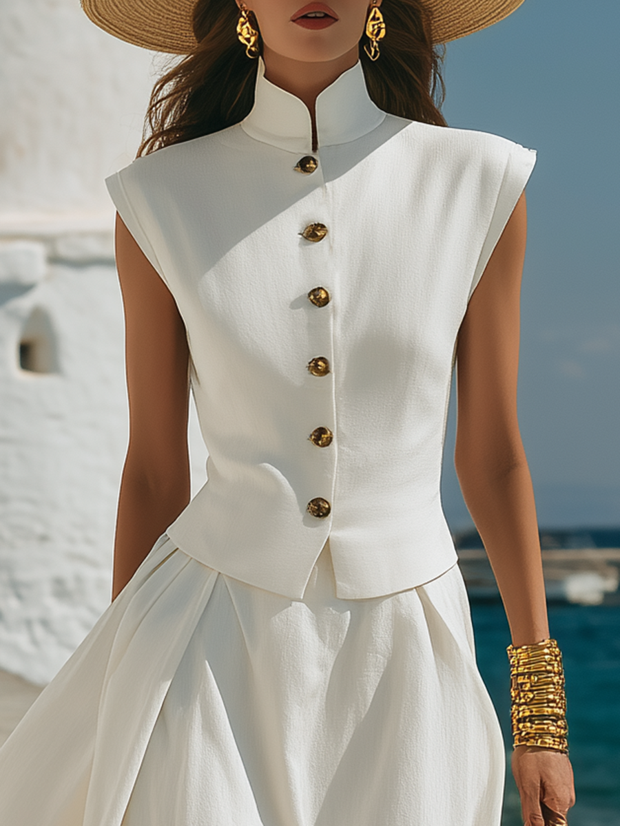 Cotton And Linen Resort-style White Stand-collar Top And A-line Skirt Set