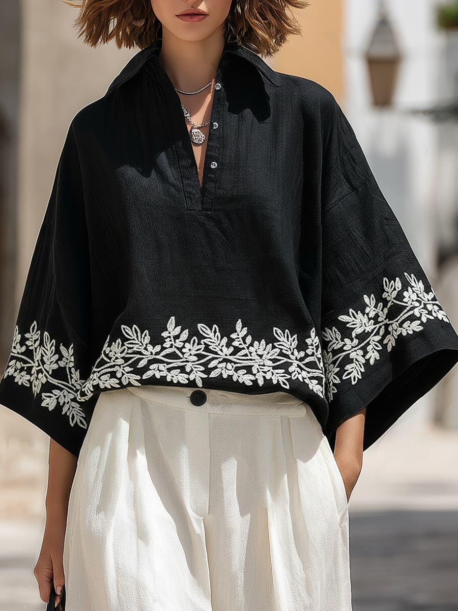 Bohemian-style Black Embroidered Top And White Trousers Set