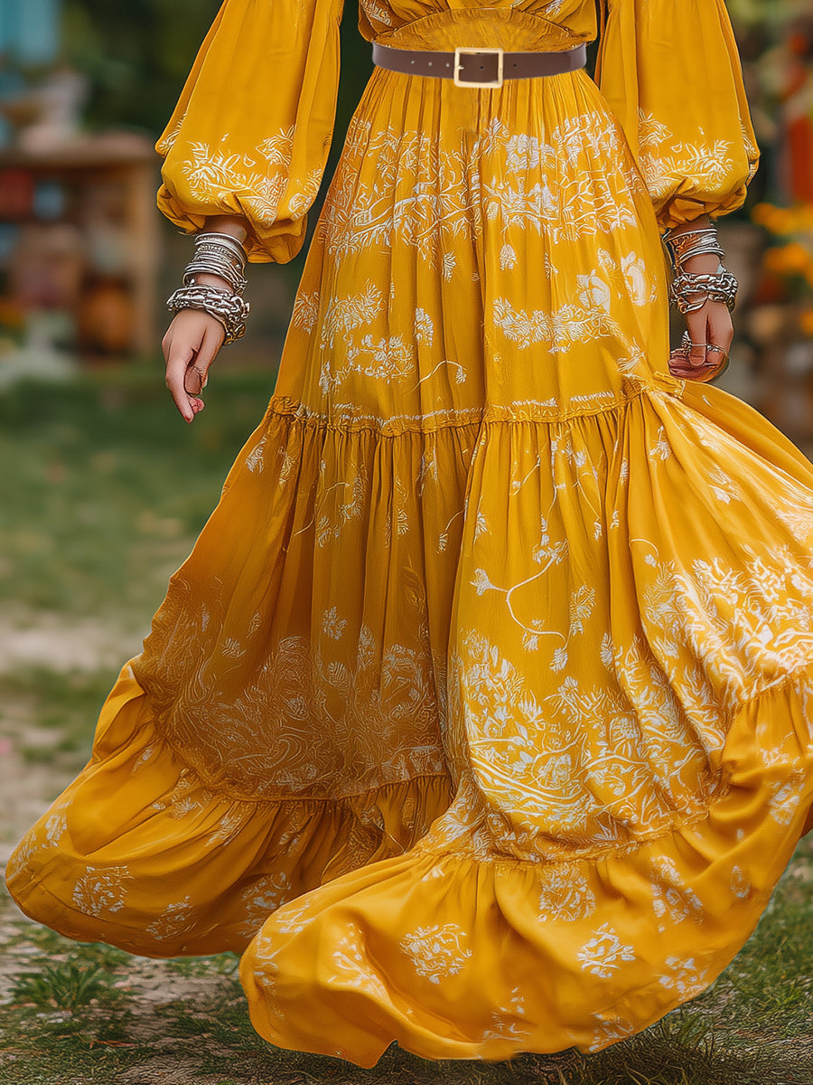 Vibrant Vacation V-neck Yellow Printed Long-sleeved Mini Dress