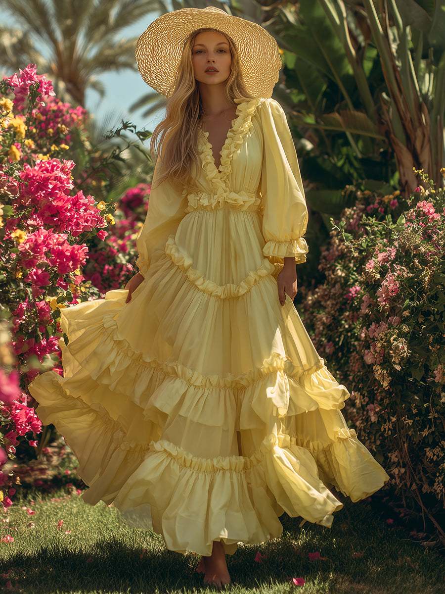 Bohemian Style Pale Yellow Multi-layered Cotton Ruffled Maxi Dress