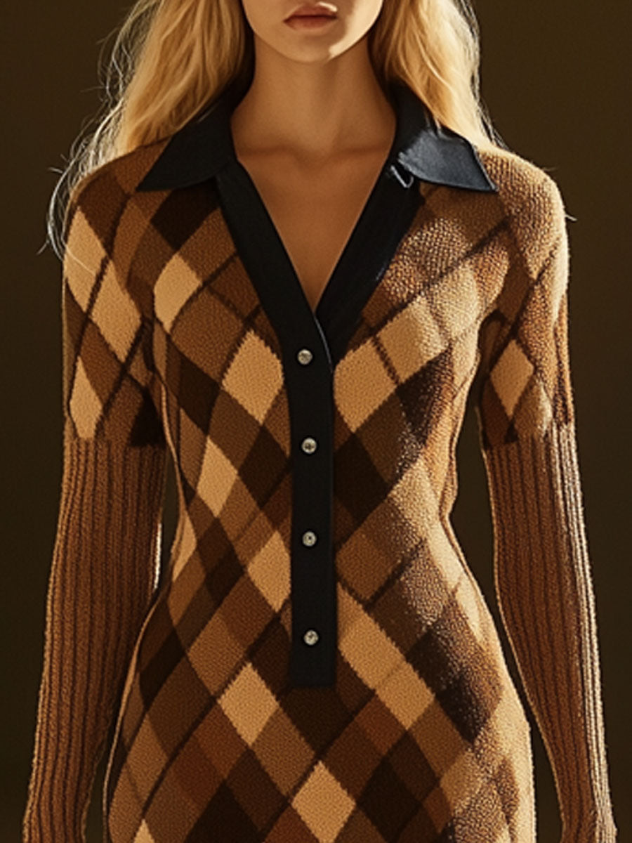 Vintage Brown Diamond Check Knit Polo Long Sleeve Midi Dress