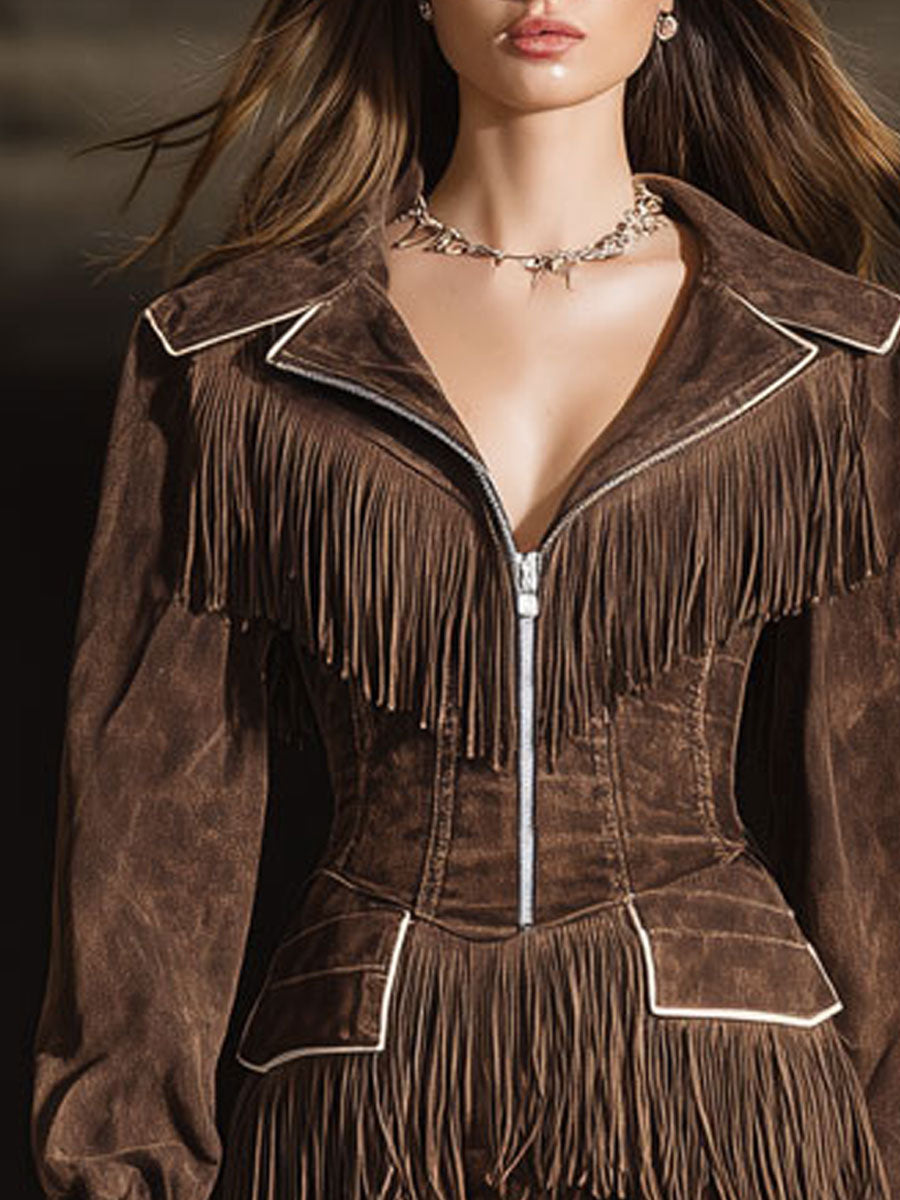 Vintage White Trim Brown Denim Long Sleeve Tassel Mini Dress