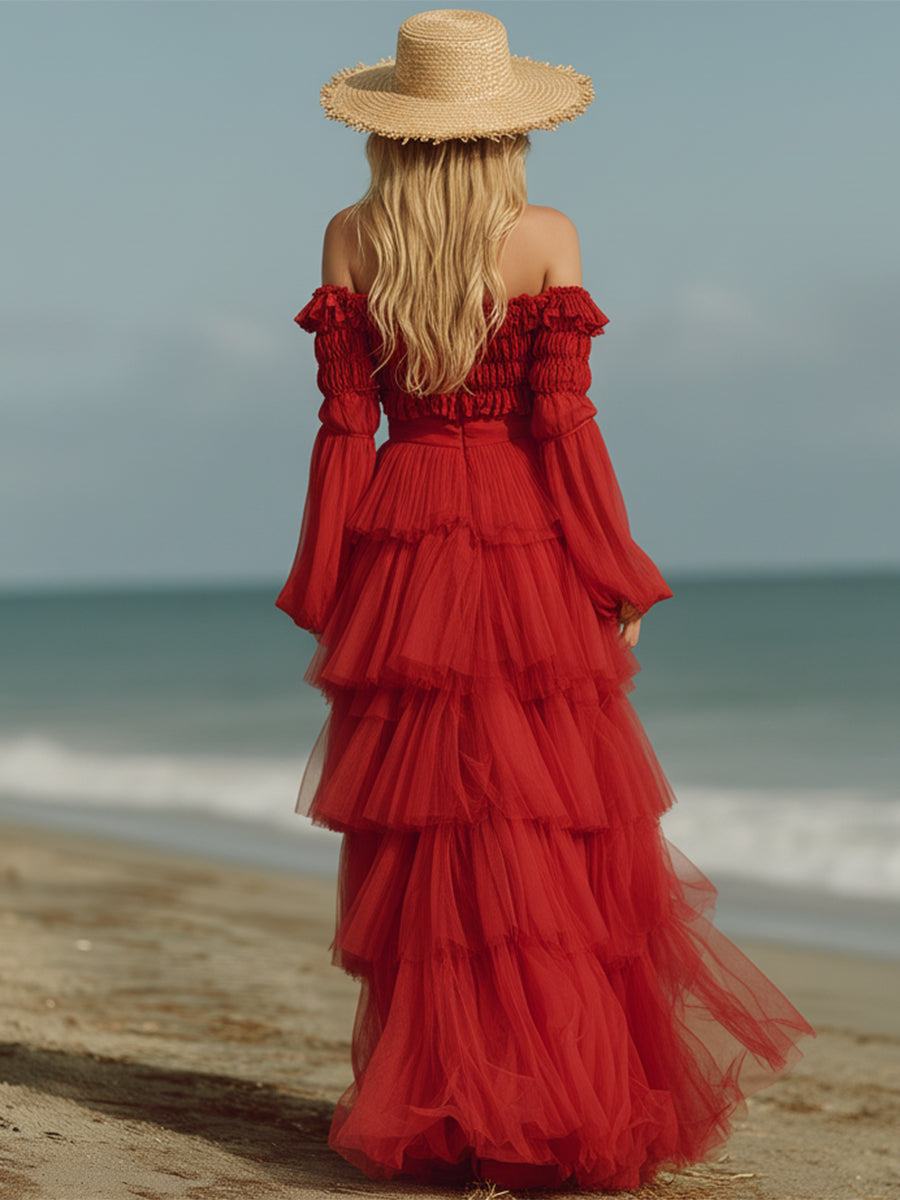 Romantic Vacation Red Tulle Off-shoulder Multi-tiered Cake Maxi Dress