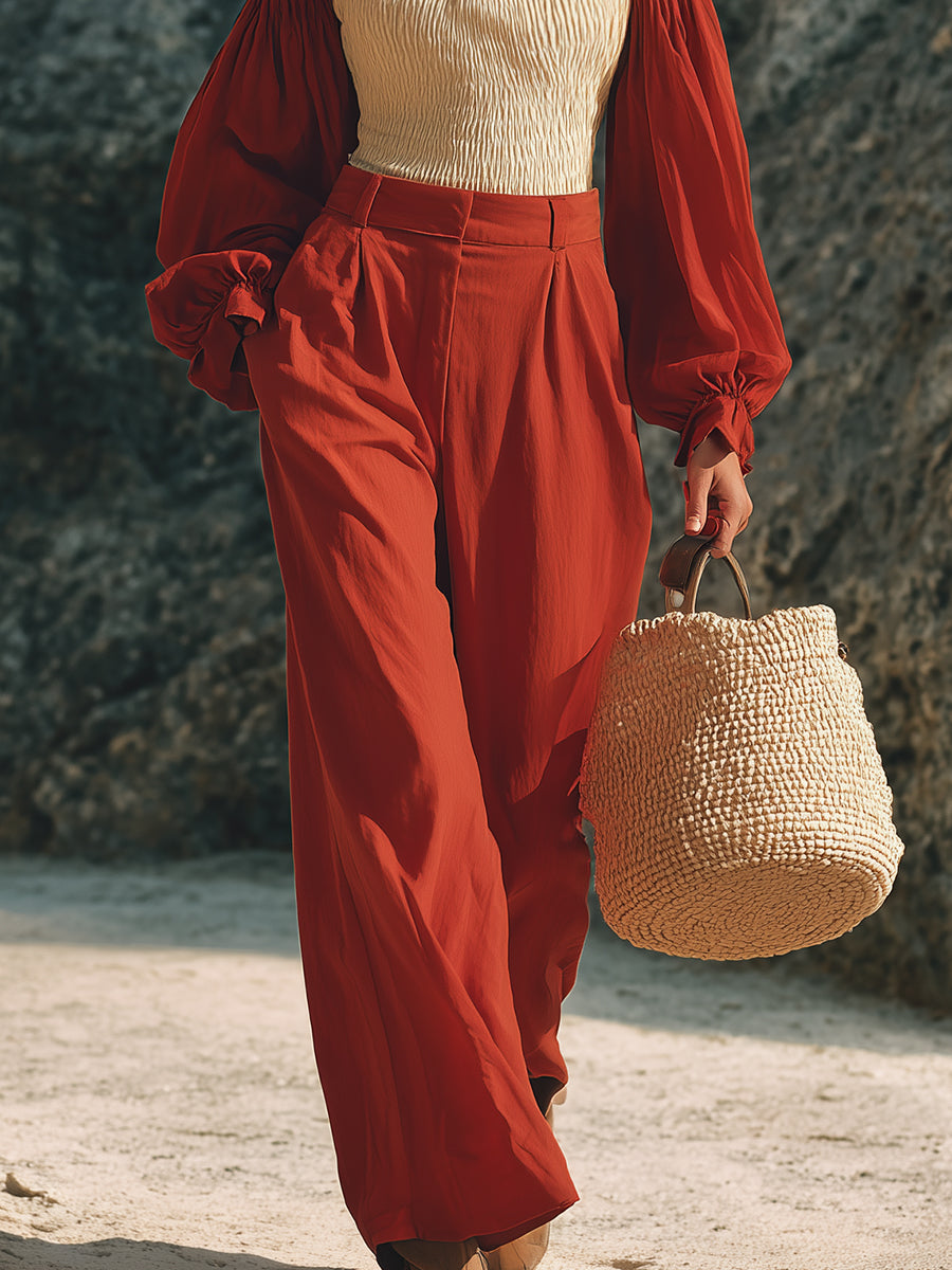 Bohemian Resort Style Rust Red And Beige Color-Blocked Cotton Linen Off-Shoulder Puff Sleeve Top And Wide-Leg Pants Set