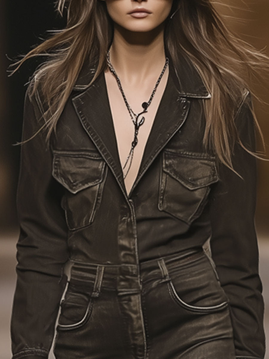 Retro Fashion Brown Washed Denim Lapel Long-Sleeved Jumpsuit