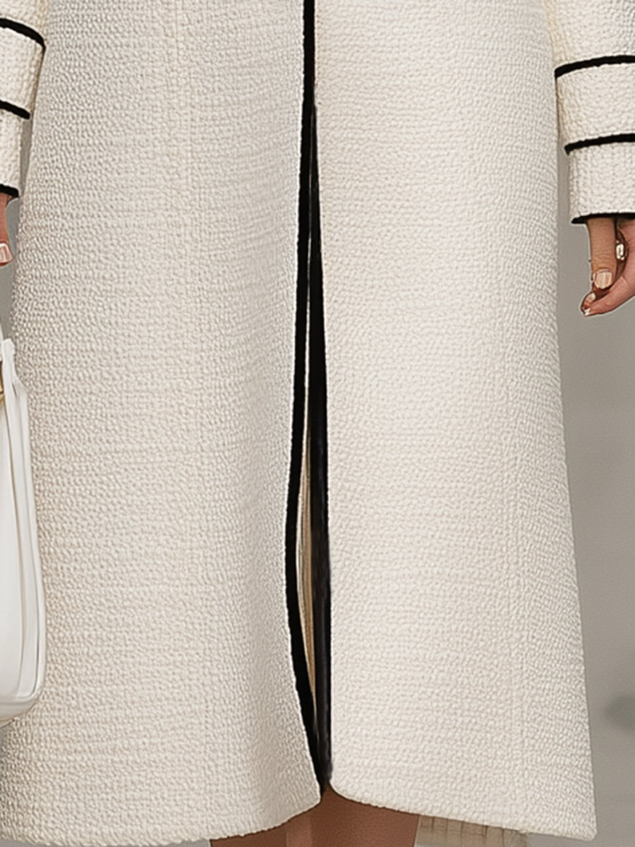 Elegant White Tweed Mid-length With Contrasting Gold Buttons Coat