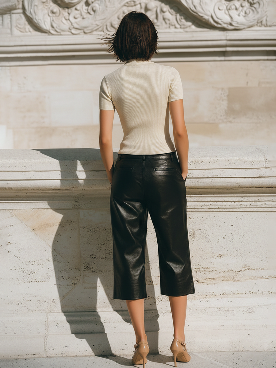 Stylish Black Faux Leather Capri Pants