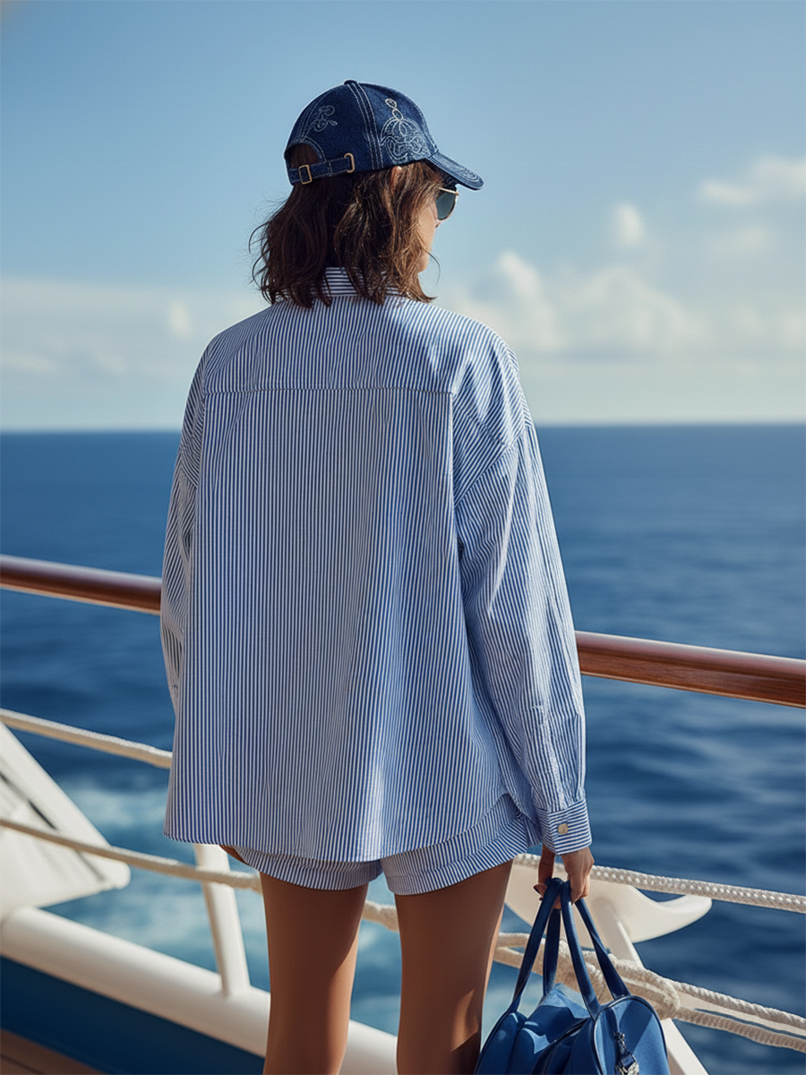 Beach Sports Starfish Embroidered Blue And White Striped Shirt And Shorts Set