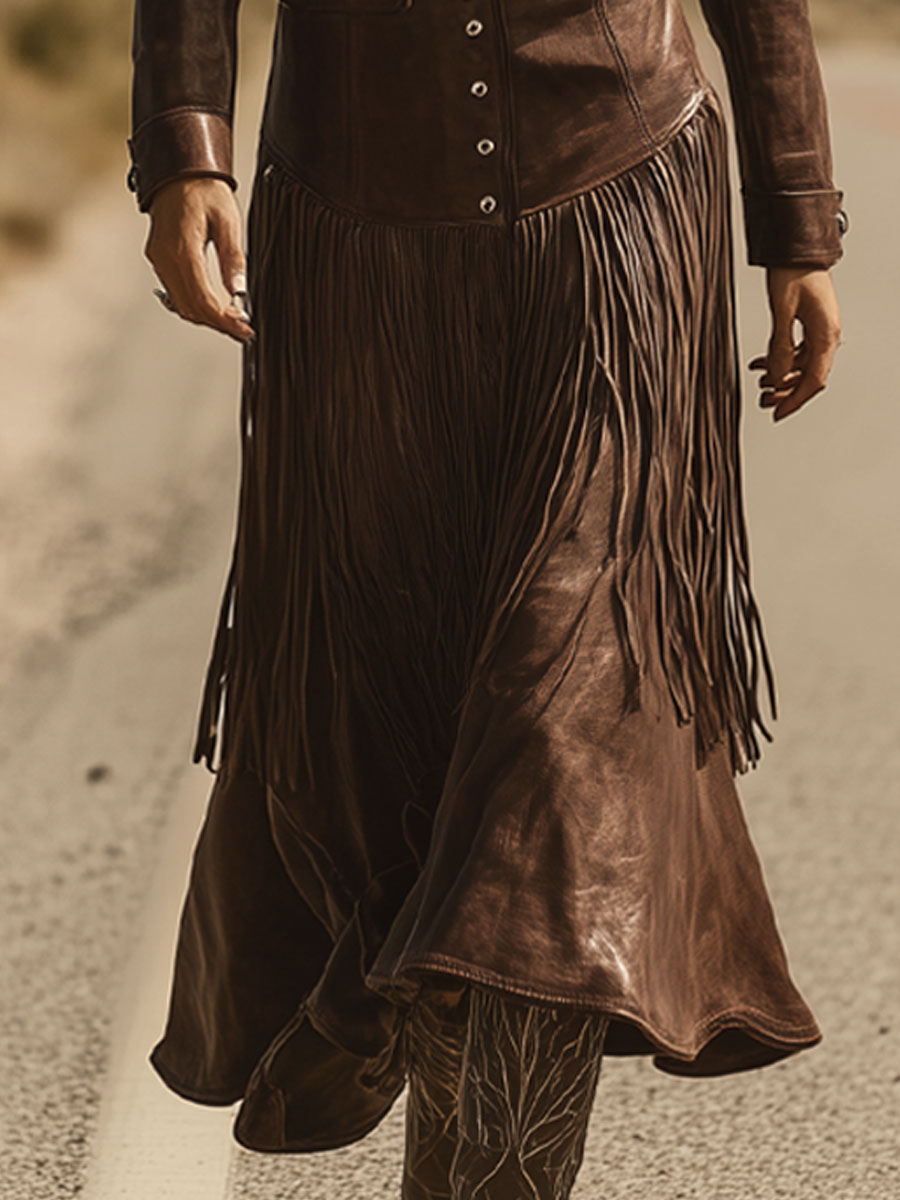 Western Retro Chocolate Brown Eco-Leather Lapel Tassel Midi Dress