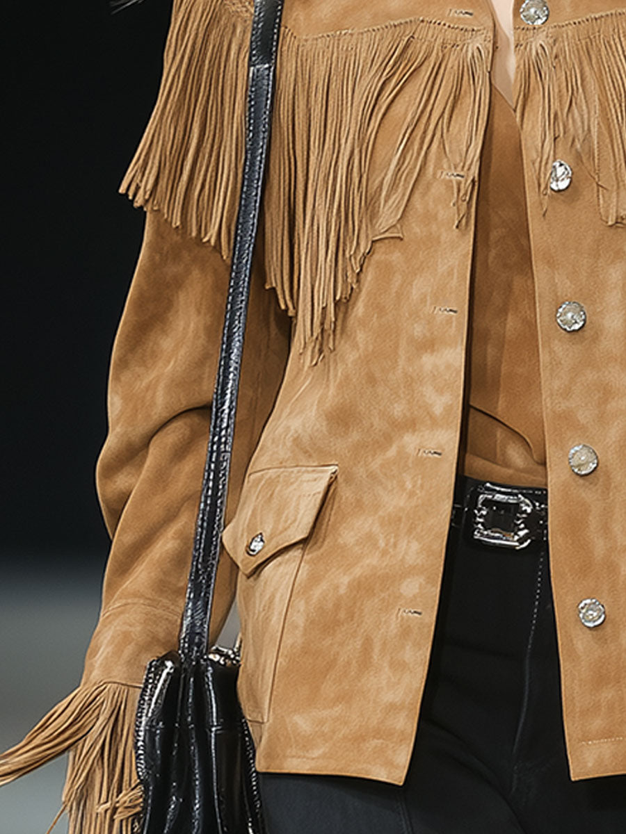 Casual Vintage Khaki Faux Suede Fringe Jacket