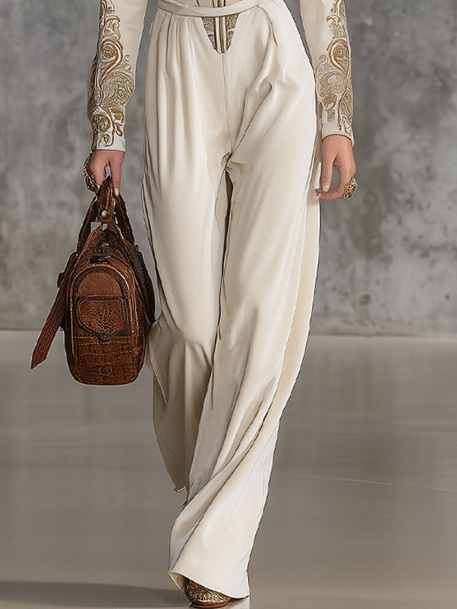 Fashionable And Casual Creamy White Faux Suede Printed Long-Sleeved Lapel Jumpsuit