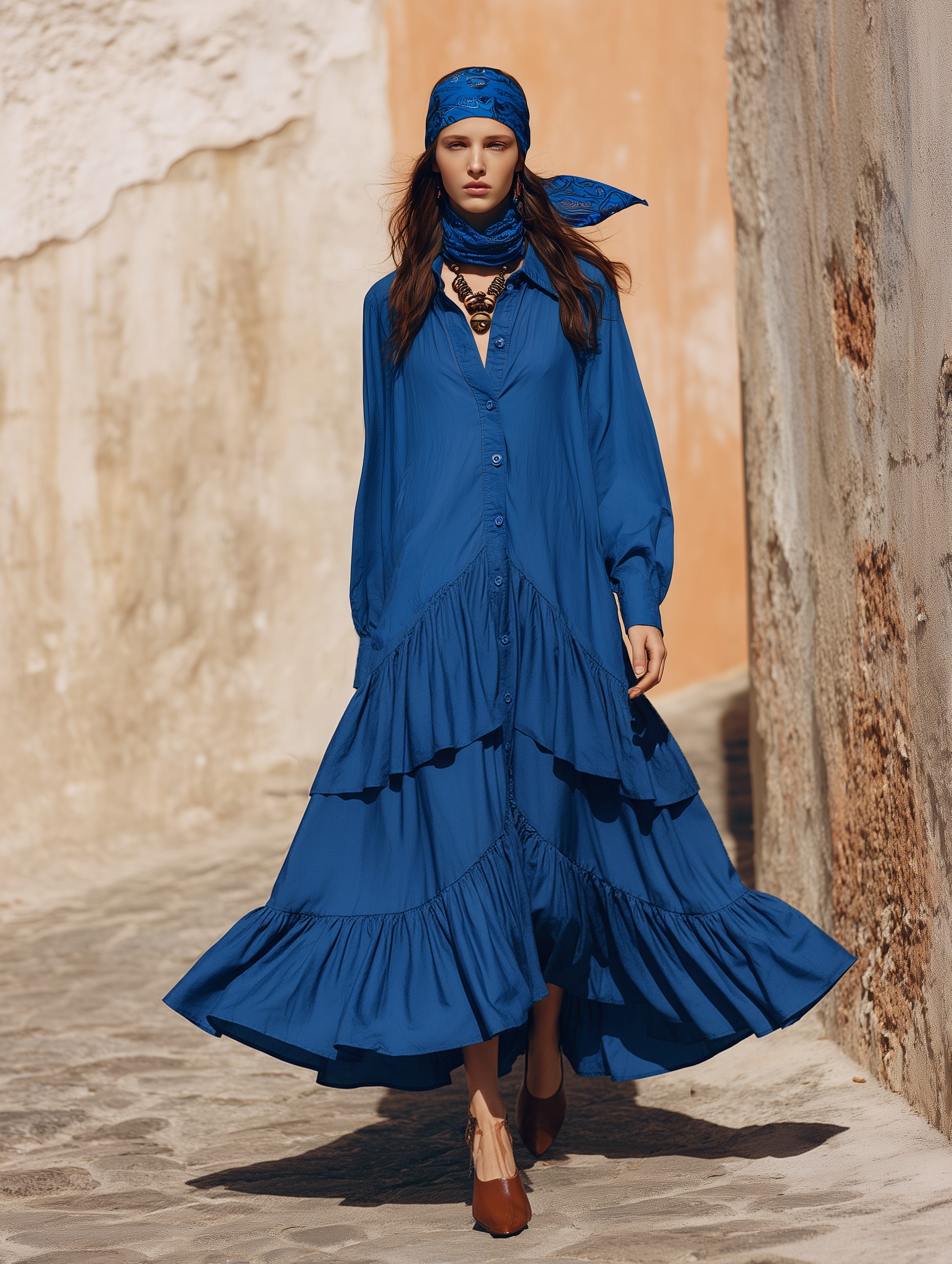 Loose-fitting Bohemian-style Ruffled Hem Royal Blue Cotton Maxi Dress