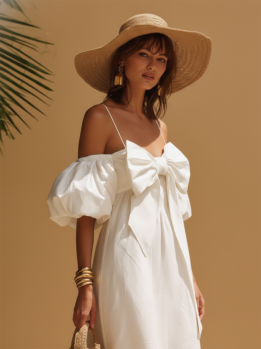 Romantic Vacation Off-the-shoulder Bow-tie White Cotton Mini Dress