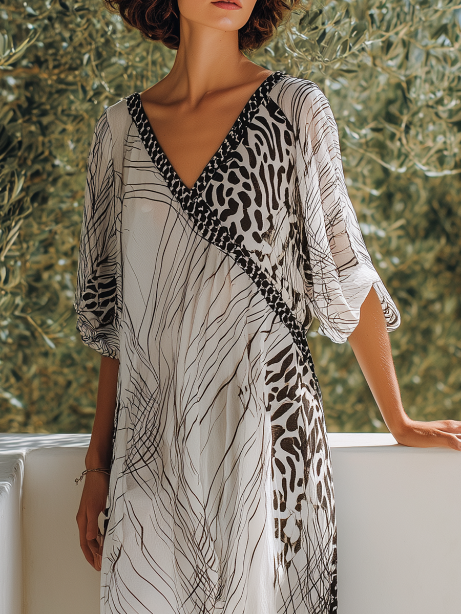 Simple And Stylish V-neck Printed Chiffon Maxi Dress