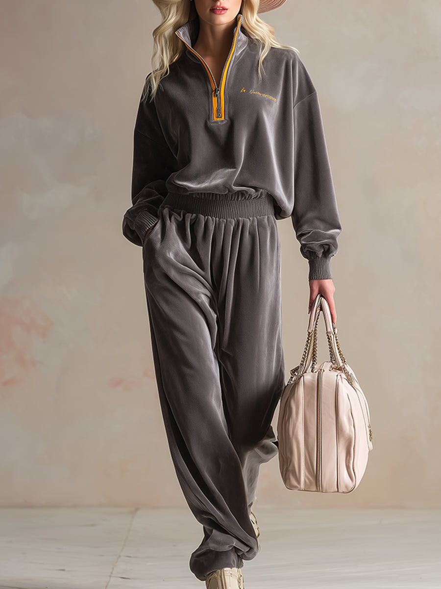 Casual Sports Dark Gray Velvet Sweatshirt And Trousers Set