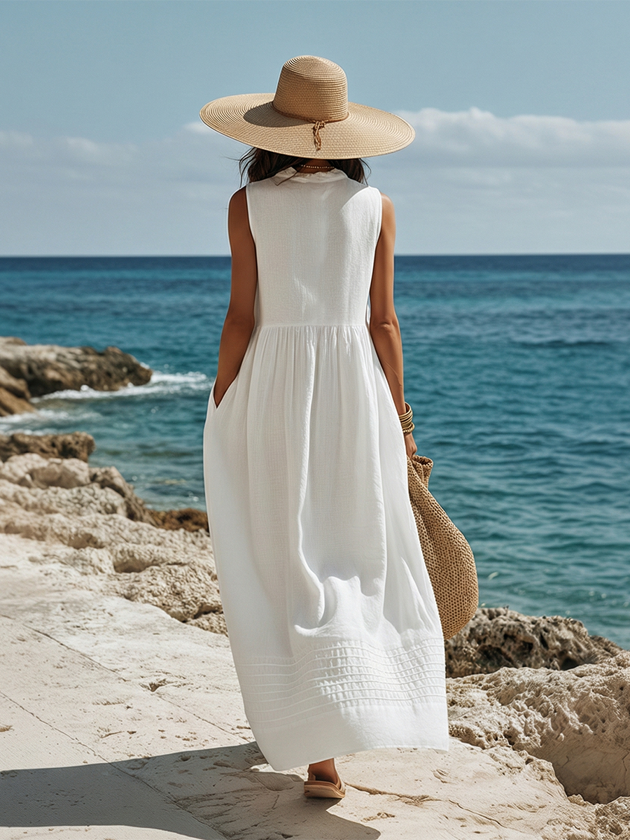 Beach Vacation White Cotton Linen Sleeveless Maxi Dress