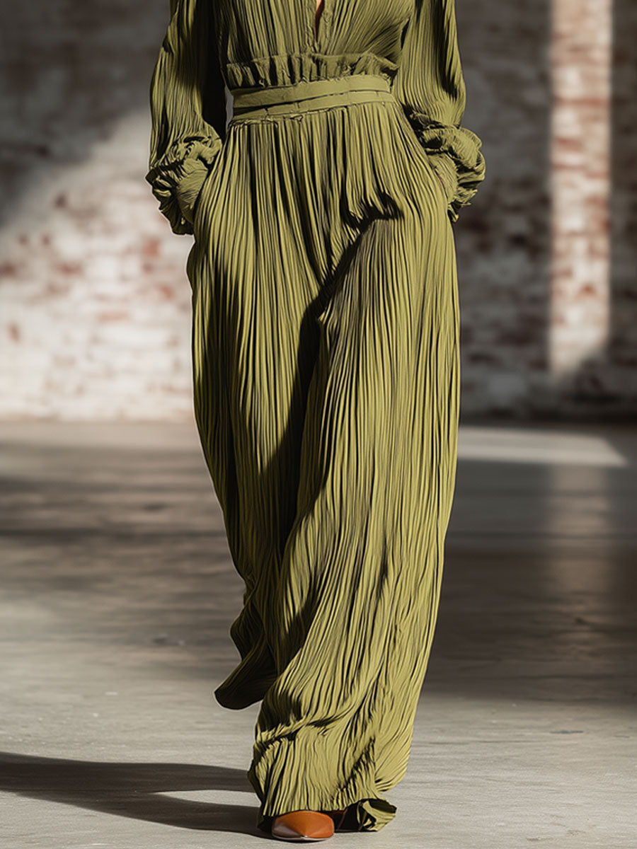 Retro Avocado Textured Wrinkled Long Sleeve Shirt Wide Leg Pants Set
