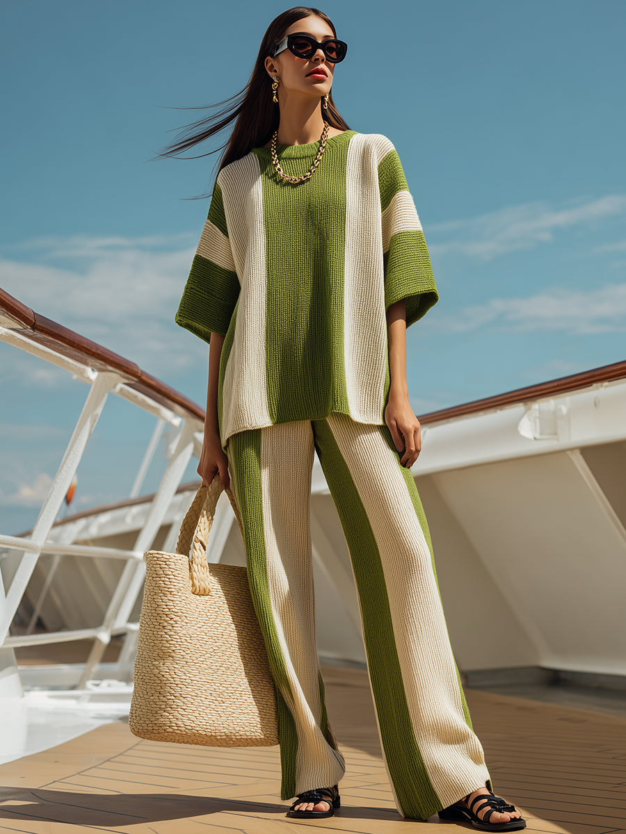 Stylish Resort-style Olive Green And White Striped Short-sleeved Top And Wide-leg Trousers Knit Set