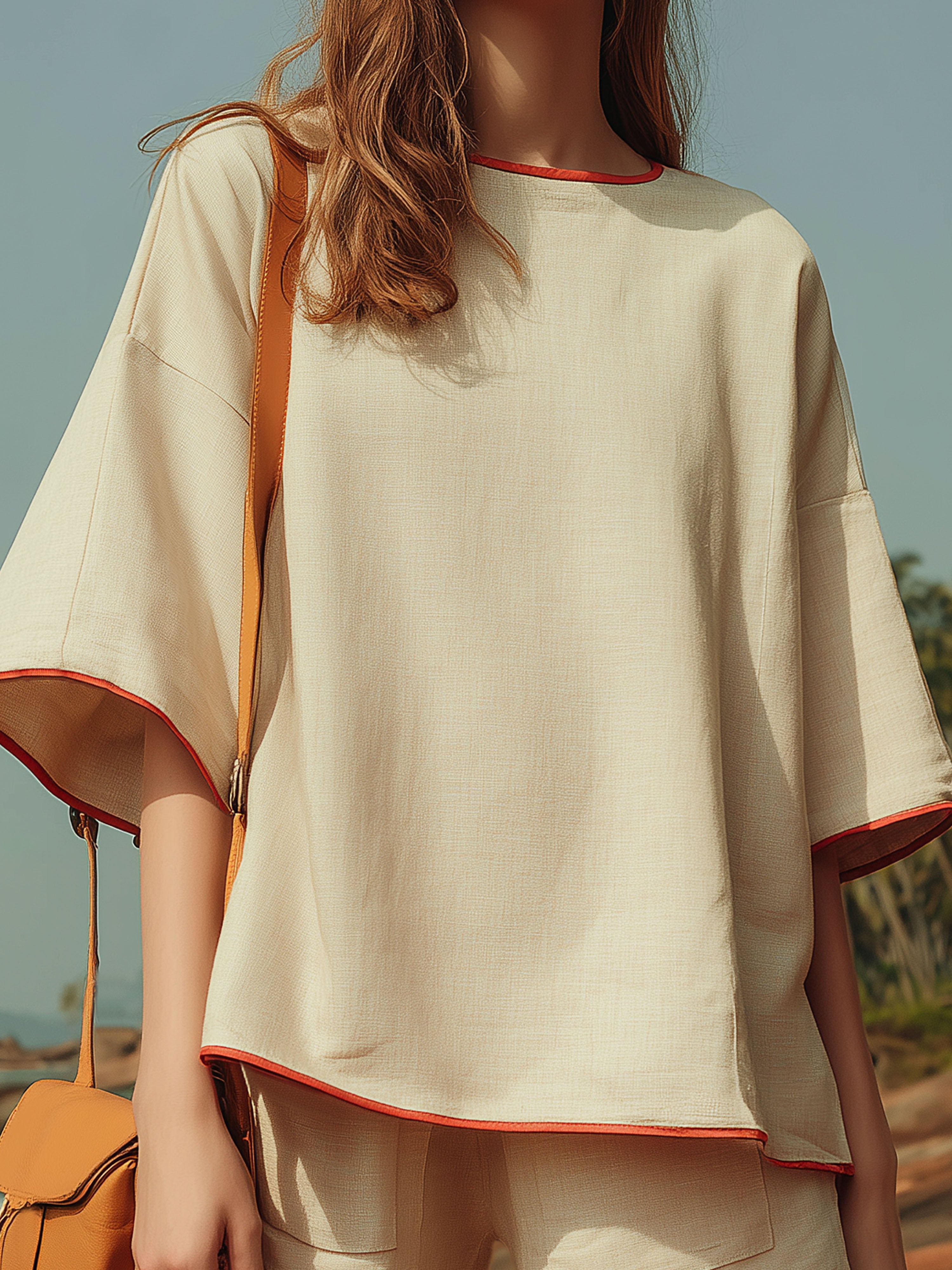 Vacation-Style Off-White Cotton Linen With Red Piping Short-Sleeved Shorts Set