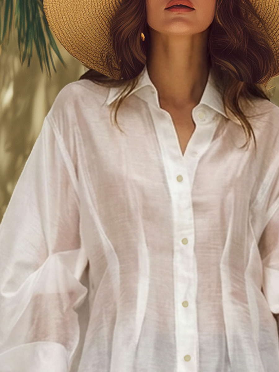 Stylish Sheer Irregular Hem White Long-sleeved Shirt