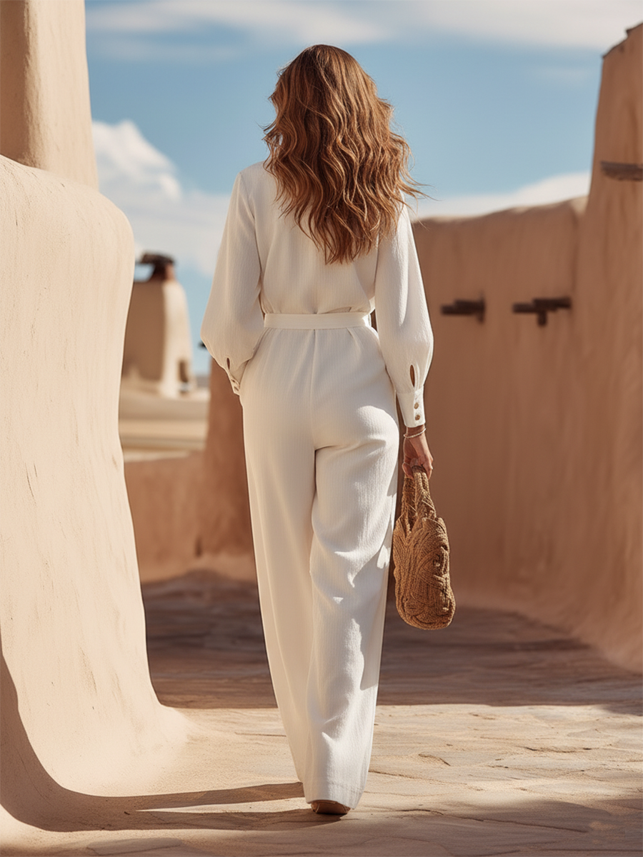 White Bohemian-style Crinkle Fabric Jumpsuit