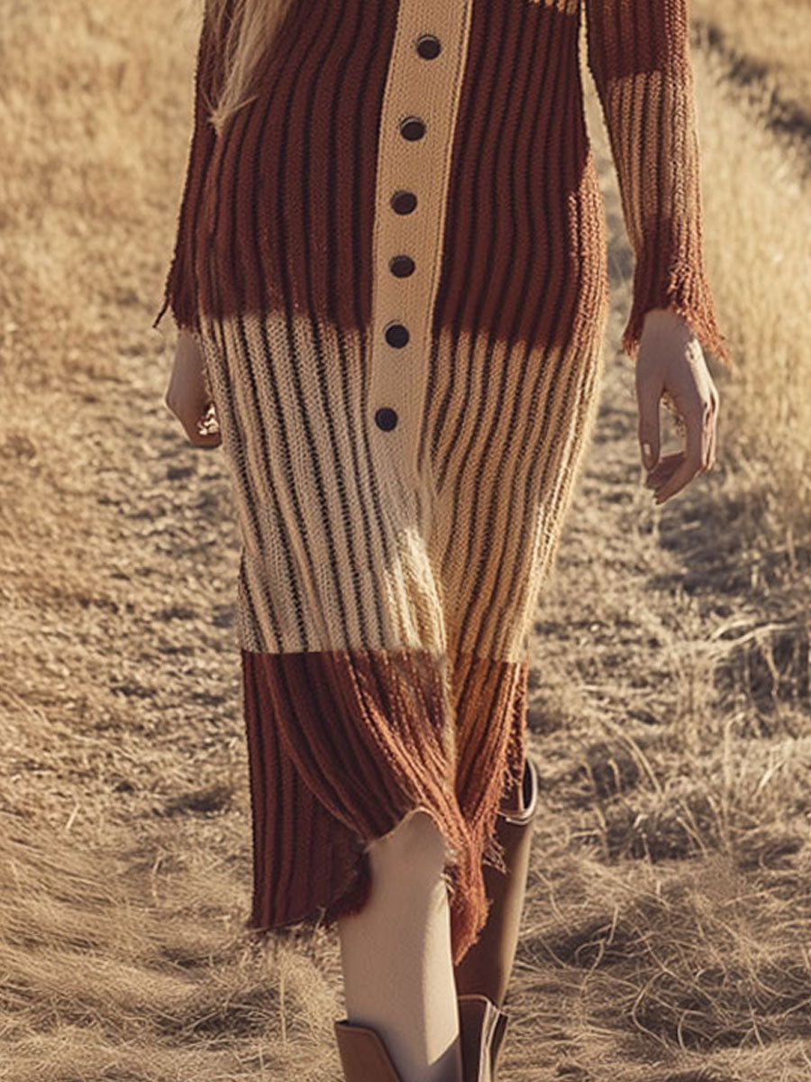 Retro Casual Brown Colorblock Long Sleeve Knitted Midi Dress