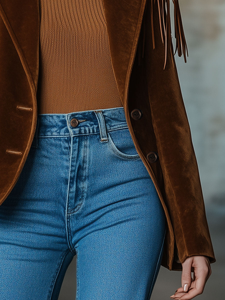 Casual Western Vintage Brown Suede Web Tassel Blazer