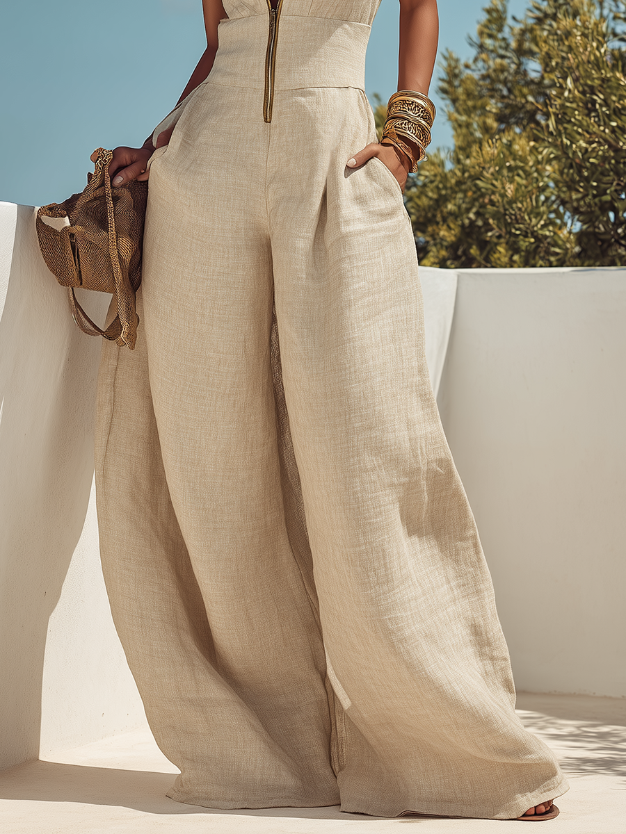 Loose And Casual Sleeveless Beige Cotton And Linen Wide-leg Jumpsuit