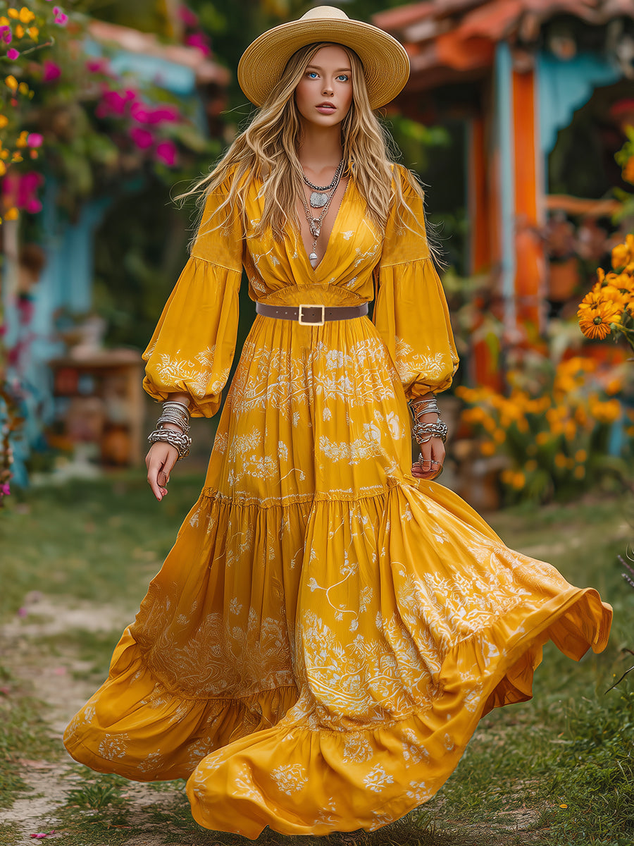 Vibrant Vacation V-neck Yellow Printed Long-sleeved Mini Dress