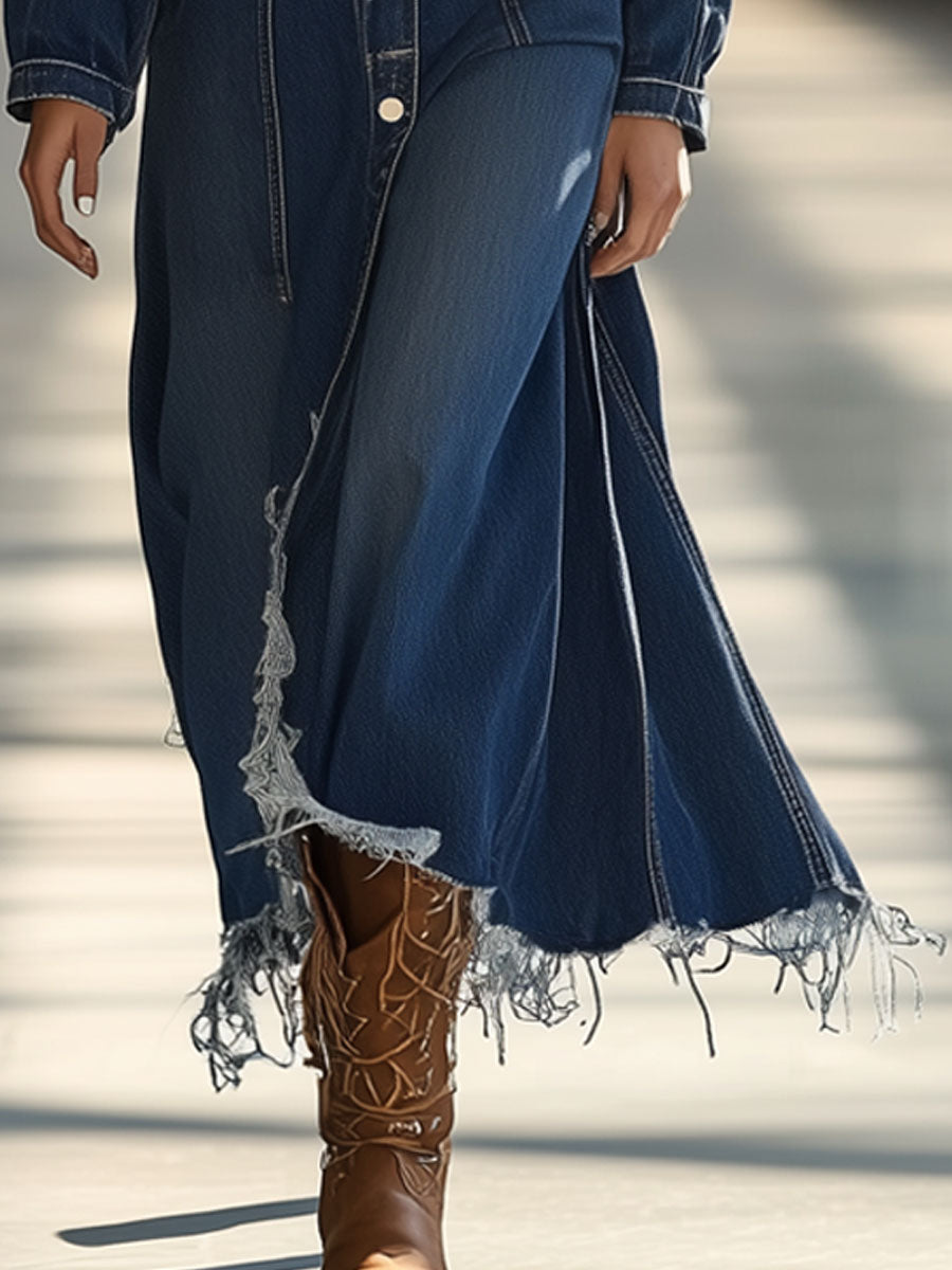 Retro Casual Loose Dark Blue Denim Long Sleeve Raw Edge Midi Dress