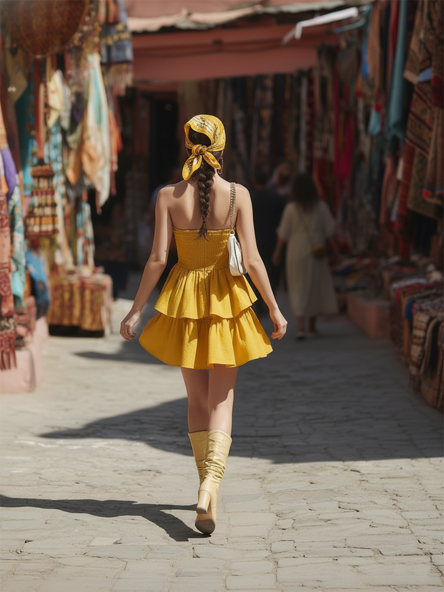 Yellow Resort-style Cotton Fitted Off-the-shoulder Mini Dress