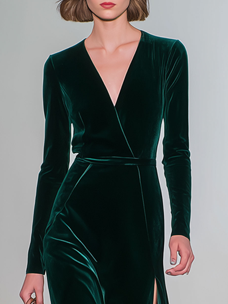 High-End Fashion Dark Green V-Neck Side Slit Velvet Long Skirt