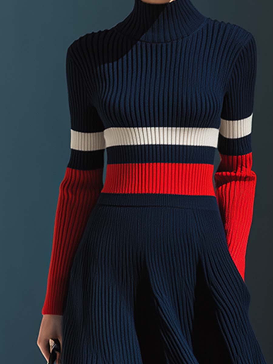 Elegant Contrast Striped Dark Blue Stand Collar Knitted Long Sleeve Maxi Dress