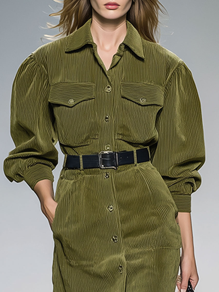 Fashion Retro Green Corduroy Slim Midi Dress