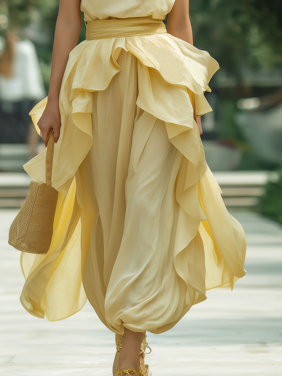 Vacation-style Yellow Spaghetti Strap Cotton Top And Chiffon Trousers Set.