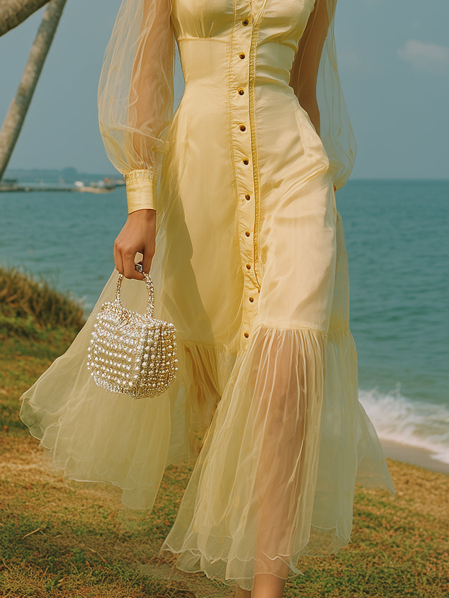 Resort-style Mesh Patchwork Pale Yellow Maxi Dress