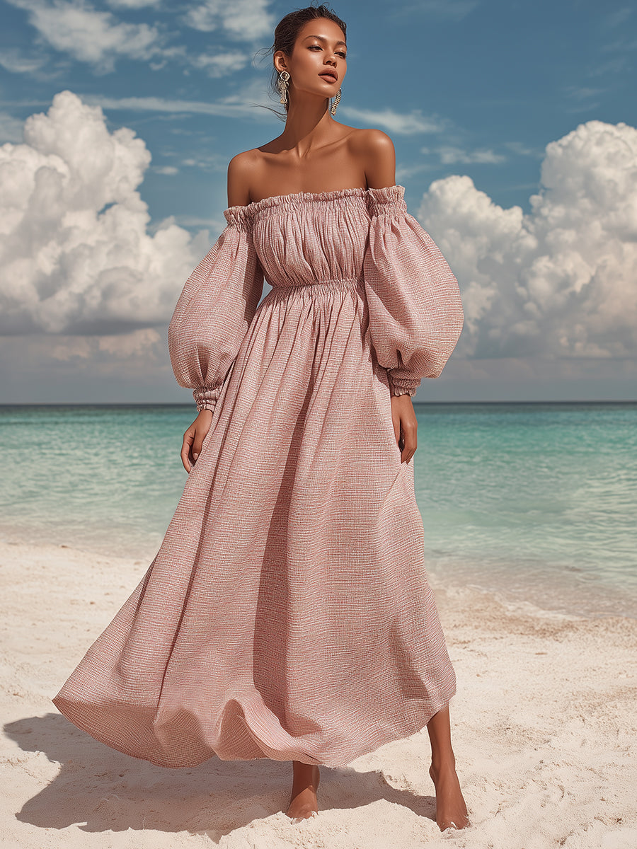 French Romantic Dusty Rose Pink Off-shoulder Puff Sleeve Midi Dress